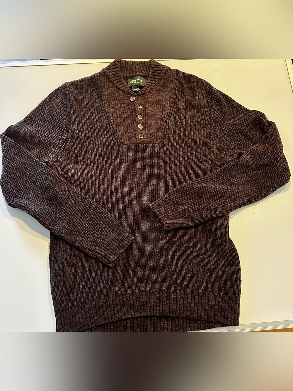 Eddie Bauer Henley Sweater Men Med Brown Chunky Ribbed Knit Heavyweight Pullover